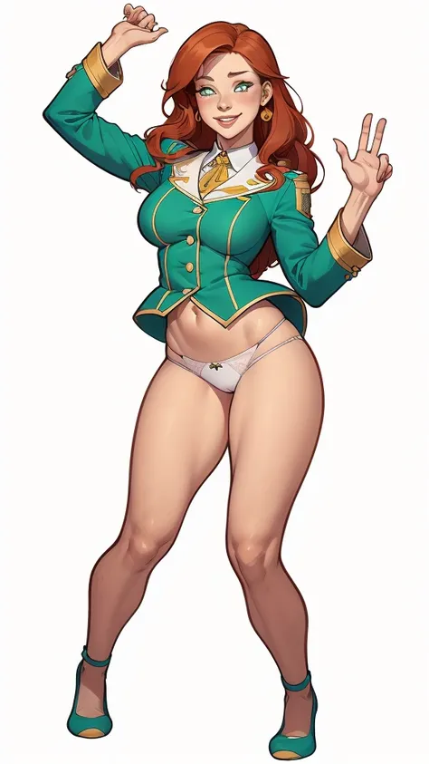 (cartoon style:1.2), Drawings of (Ginevra Molly Weasley), ssmile, perfect green eyes, face detailed, White background, fun pose, seducing gaze,Full body wearing the Sanserina uniform, beautiful medium breasts and wonderful body cartoon style digital illust...