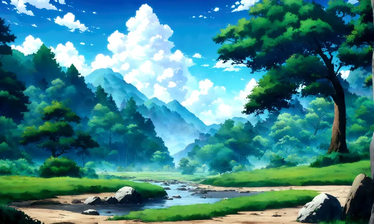 
anime - style painting of a tree in a grassy field with rocks, anime countryside landscape, anime landscape, anime landscape wallpaper, anime background art, beautiful anime scenery, anime background, anime beautiful peace scene, anime scenery, anime movi...