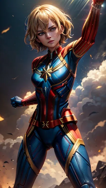 captain marvel(brie larson face), combat stance, highly detailed, vibrant appearance, creative behavior, extremly detailed, imag...