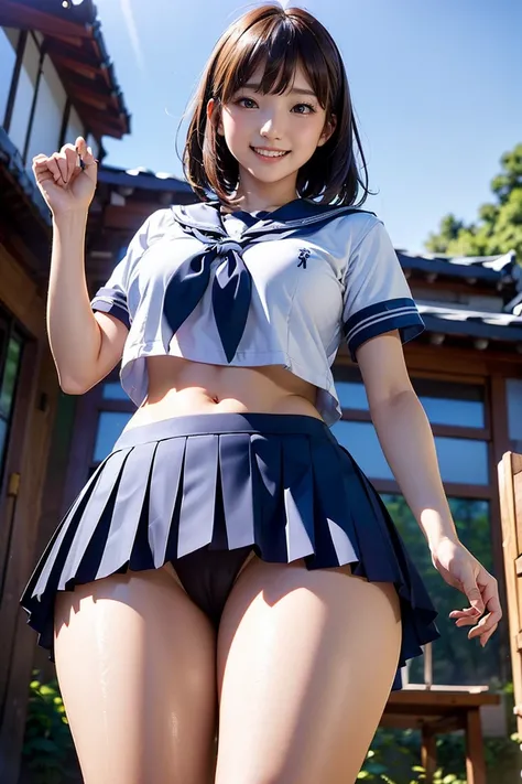 (masterpiece,Highest quality,High resolution,Realistic:1.2),(1girl:1.5), (High school girls wear short-sleeved white sailor uniforms)and wearing a short, pleated checked skirt, White panties slightly exposed:1.2),(Smiling with teeth showing:1.3),(Bobcut, B...