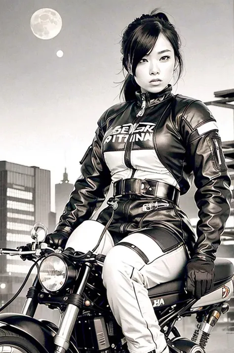 best quality, masterpiece, photo, 4K, photorealistic, highly detailed,
1girl riding motobike, techwear, cyberpunk city, solo, futuristic, huge moon in the background, black and white, by Akira Toriyama, closeup,
