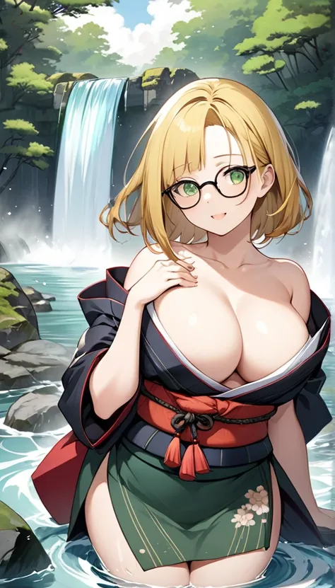 chubby girl, blonde, green eyes, medium length hair, open forehead, without bangs, glasses with black square frames Japanese clothing style, ancient japan, bare chest
water, waterfall