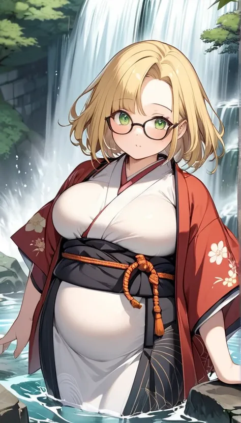 chubby girl, blonde, green eyes, medium length hair, open forehead, without bangs, glasses with black square frames Japanese clothing style, ancient japan, bare chest
water, waterfall