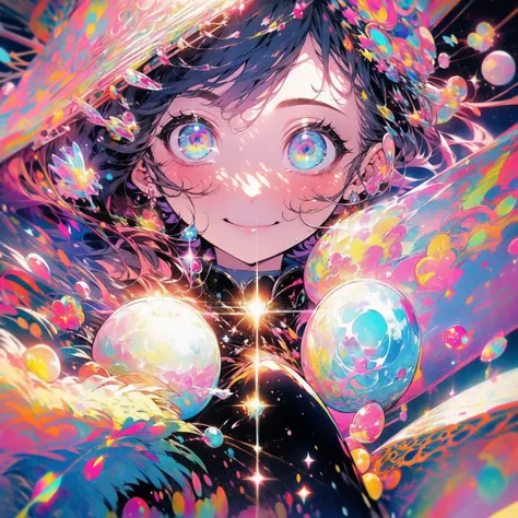 (Beautiful and aesthetic:1.2)、(1 Girl:1.3)、（Black and pink hair:1.2)、Wearing a wedding dress、Cosmoiracle、happinessそうなsmile、smile、happiness、Cosmosが咲き誇る、Fantastic space、
