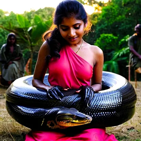  Happy Horny, aroused 1girl), beautiful kneeling indian young teen girl  with  giant colossal black anaconda  monster squeezing her hard, wrapped in thick spiraling coils, constricted, struggle, gasping for air, snake attack, snake peril, moonless night, d...