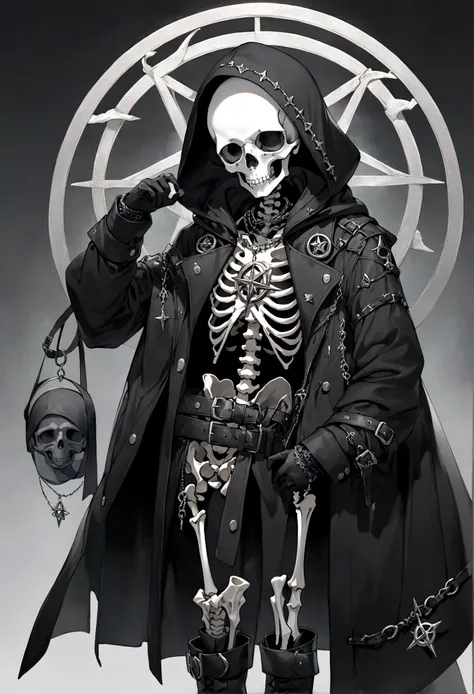 a necromancer skeleton that wears black mesh clothing covering its skeletal body, leaving only its head showing, wearing a black coat with a hood over the knitted clothing, black leather gloves, black leather boots with some belts that hold them up, a silv...