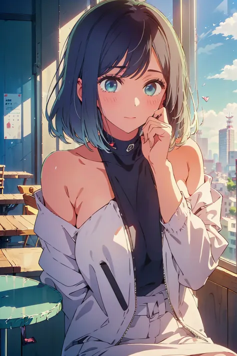 (Highest quality:1.4、8K:1.4、detailed)、F cup bust、Big Breasts、Slim body、Very white beautiful skin、((((1 person、Surprised expression、sit、Chair、In the background are the urban buildings of Tokyo、looking at the camera、Indoor cafe terrace、Navy hair color、juice、...