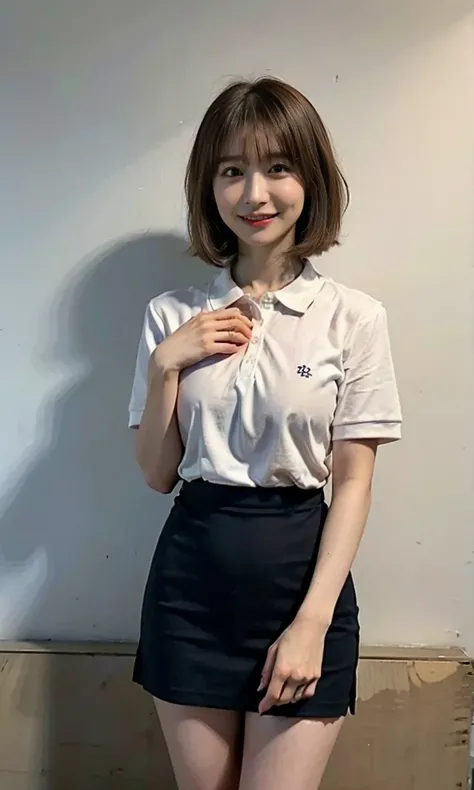 Let me wear high-class clothes www.(((Pantyhose w.Medium Short Hair、Shoulder-length hair:1.4))).((A luxurious navy blue shirt with a navy blue collar、Standing photo、Medium Hair、服の上からでもわかるBig Breasts、Both hands are in front of the belly button、A photo of pa...