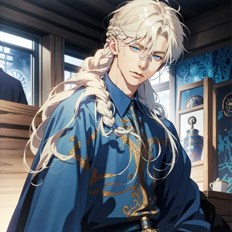 detailed male face, 20 year old man, realistic anime blue eyes, polite, handsome, braided blonde hair, wearing wizard clothes, tavern background, dress, sad face, upper body