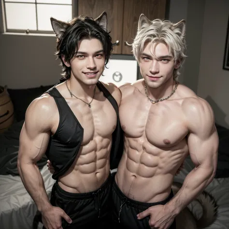 a muscular, furry wolf boy with yellow eyes, white fur, and a wolf tail, smiling and posing confidently while looking at the viewer, wearing a black tank top, pants, and jewelry, with detailed hands and face, by artists zackarry911, zaush, and personalami,...