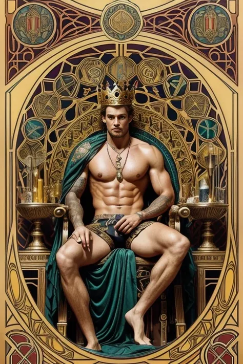 a surreal courtly photography, ultra-detailed, panoramic composition of subject and complete surrounding environment, handsome manly young topless christian hogue sitting on a throne, wears rich silks shorts and decorations, a crown on his head, Gold snake...