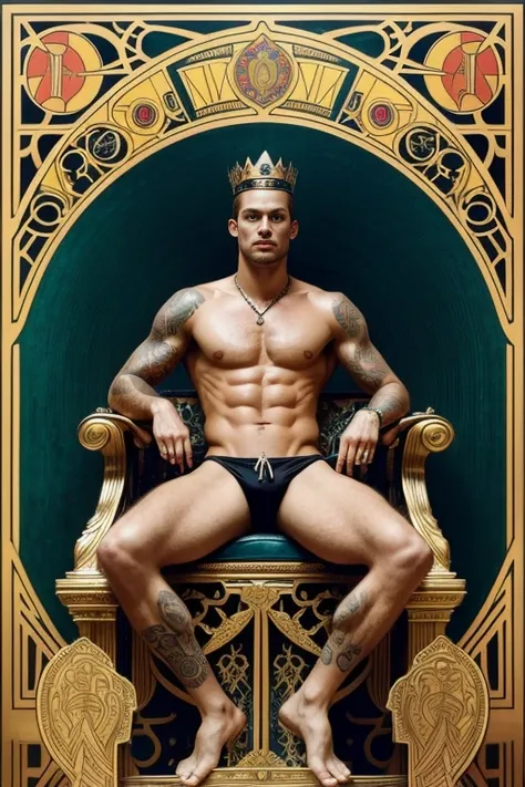 a surreal courtly photography, ultra-detailed, panoramic composition of subject and complete surrounding environment, handsome manly young topless christian hogue sitting on a throne, wears rich silks shorts and decorations, a crown on his head, Gold snake...