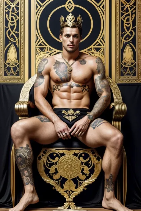 a surreal courtly photography, ultra-detailed, panoramic composition of subject and complete surrounding environment, handsome manly young topless christian hogue sitting on a throne, wears rich silks shorts and decorations, a crown on his head, Gold snake...