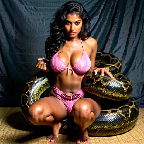  Topless pink thong Happy Horny, aroused 1girl), beautiful kneeling indian young teen girl  with  giant colossal black anaconda  monster squeezing her hard, wrapped in thick spiraling coils, constricted, struggle, gasping for air, snake attack, snake peril...