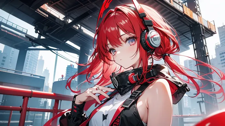 Girl wearing headphones。Red Hair。