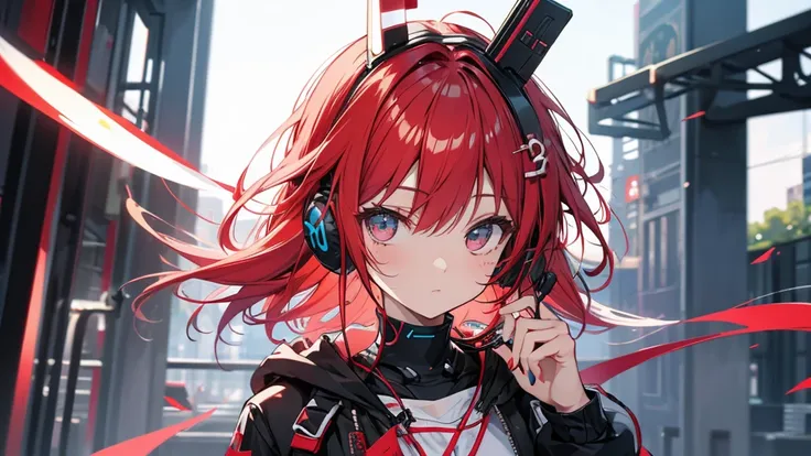 Girl wearing headphones。Red Hair。