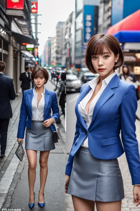 a 22 year old face of the most beautiful actress in the world, the perfect body proportions of a female, tight blazer is worn with formal shirt on female upper body, panties of female crotch between bare legs under short skirt are seen just a little, the s...