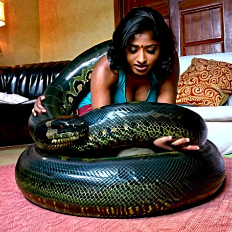  Happy Horny, aroused 1girl), beautiful kneeling indian young teen girl  with  giant colossal black anaconda  monster squeezing her hard, wrapped in thick spiraling coils, constricted, struggle, gasping for air, snake attack, snake peril, moonless night, d...