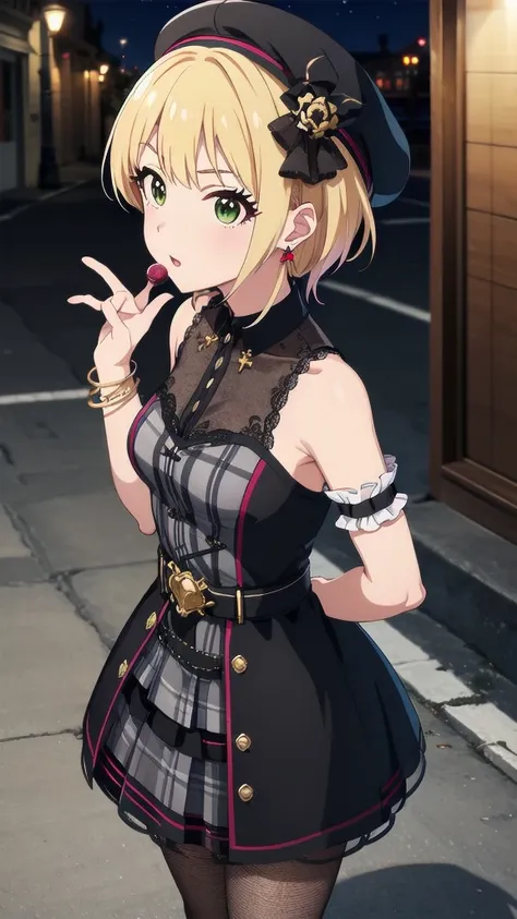 masterpiece, Highest quality, High resolution, Humphrey, Blonde, Braiding, beret, Black Hat, Earrings, Bracelet, Plaid, Bare shoulders, Black Bow, Black Dress, Wrist cuff, bracelet, belt, Fishnet tights, Idolmaster Cinderella Girls, night, city, street, Ar...