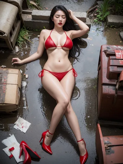 Beautiful asian woman, red lips, thick long hair, red micro bikini, g string bikini, big breast, curve hourglass body, red high heels, furrowed eyebrows, closing eyes, show theets, lying on a garbage, dirty place, wet place, open legs