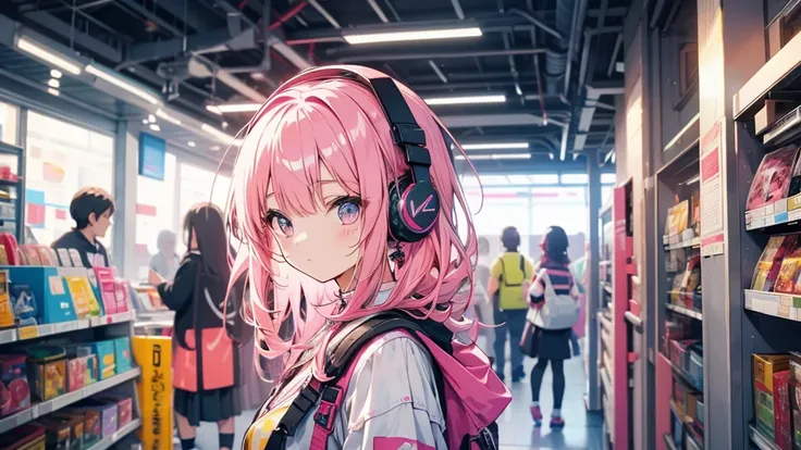 Girl wearing headphones。Pink Hair。