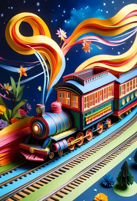 A fantastic vehicle that combines a steam locomotive and a tram. Delicate paper art. Three-dimensional. Colorful, delicate and beautiful curves. Wonderful. Night sky. Stars. Moon. Flowers. A world of fantasy.
Railroad tracks floating in the night sky.
Old ...