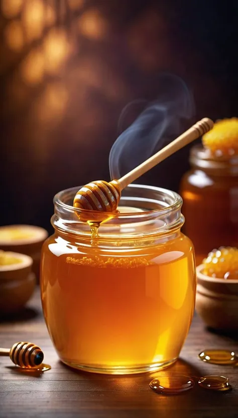 ((extremely close shooting)) (macro session), transparent honey jar suitable for use as the background of an advertising poster....