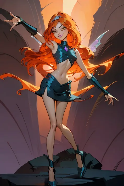 (masterpiece:1.2, best quality, bloom from winx, smug sexy smile, eyes looking away from camera, fullbody dynamic pose, dark cry...