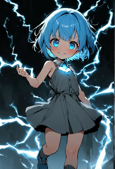 1girl, loli, glowing light blue eyes, very short hair, glowing light blue hair, gray dress, light blue shoes, gray socks, electricity, nervous smile,