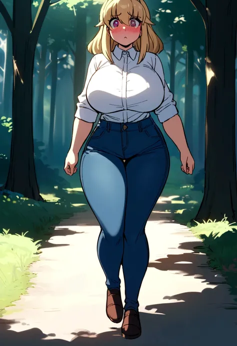 Thicc Anime girl with tight jeans and white shirt walking in forest, pissed jeans blushing