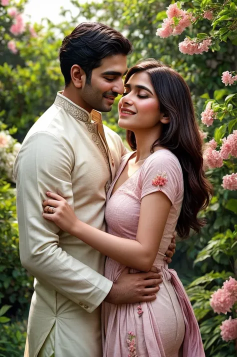 young love! 🌸 in a sun-kissed garden, their hearts entwined, the indian couple embraced. his arms wrapped around her, sheltering...