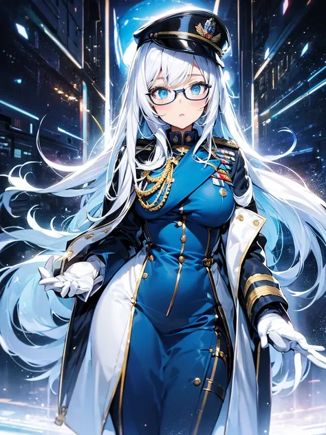 masterpiece, best quality, beautiful girl, white hair with blue inner color, emerald green eyes, dark blue military uniform, mature_female, eye_glasses, white gloves, anime, dark blue military hat, very_long_hair, perfect body, red ribbon, commander, scien...