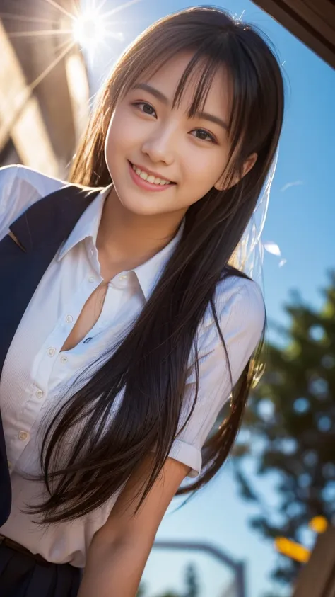 (Highest quality,masterpiece:1.3,Ultra-high resolution),(Very detailed,Caustics,8K),(Realistic:1.4,RAW shooting),1 Girl,(Smiling and looking down at the camera),(Front shot:1.1),(look forward to),18-year-old,cute,Japanese,Black straight long hair,,glamorou...