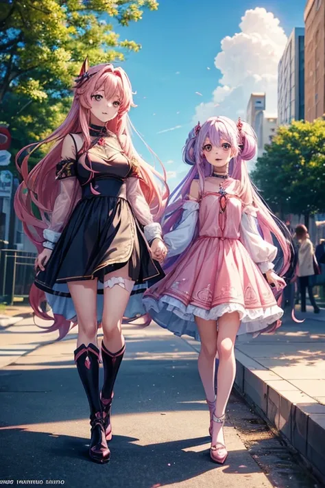 two anime girls with pink dresses and long hair, official anime artwork, Shirabii, azure lane characters, Official Artwork, official illustration, two beautiful anime girls, anime key visual concept art, Official Art, anime goddess, Ayaka Genshin Impact, S...