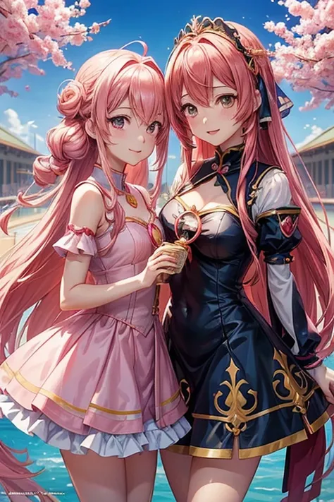 two anime girls with pink dresses and long hair, official anime artwork, Shirabii, azure lane characters, Official Artwork, official illustration, two beautiful anime girls, anime key visual concept art, Official Art, anime goddess, Ayaka Genshin Impact, S...