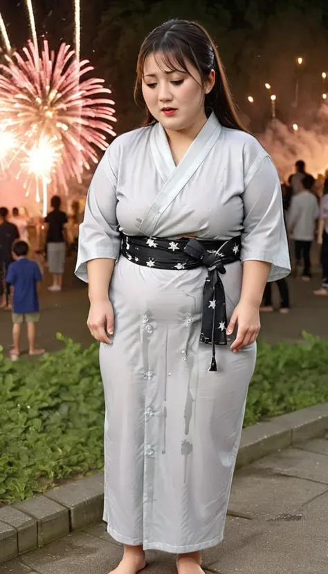 1woman,(masterpiece:1.8),photo-realistic,16k,(beautiful 30s japanese plump lady:1.3),(yukata:1.4),sandals,(whimpering:1.6),(panicking:1.6),(crying:1.7),(handing on wetting crotch with both hands:1.2),(night,park,fireworks:1.4),(crowd kids:1.3),(wetting:1.4...