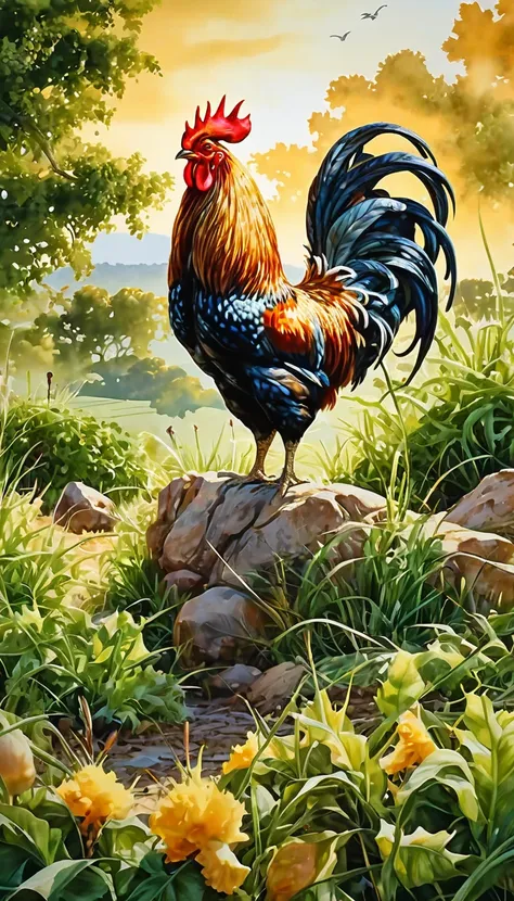 beautiful detailed countryside,rooster crowing,hyperdetailed,super high resolution,photorealistic,intricate details,lush greener...