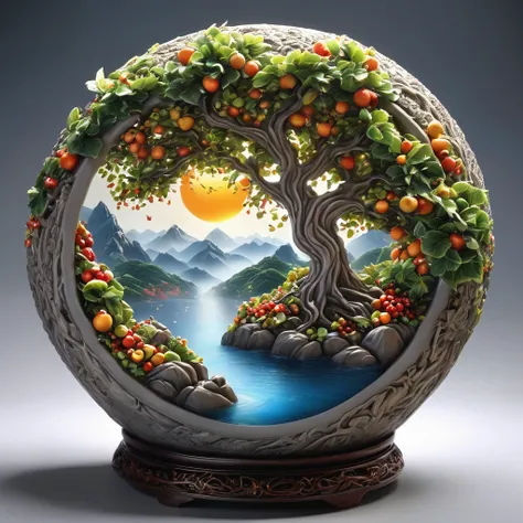 4d top quality, realistic, photorealistic, highly detailed, "Mountain trees and Fruit+Fairies+Chinese Architecture" pot relief stone" unique highly detailed carvings on " porcelain, Ultra wide angle, Accent Lighting, Volumetric Lighting, backlight, (detail...