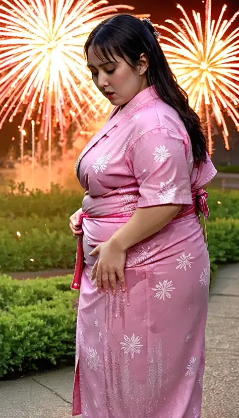 1woman,(masterpiece:1.8),photo-realistic,16k,(beautiful 30s japanese plump lady:1.3),(pink yukata:1.4),sandals,(whimpering:1.6),(panicking:1.6),(crying:1.7),(handing on wetting crotch with both hands:1.2),(night,park,fireworks:1.4),(crowd kids:1.1),(wettin...