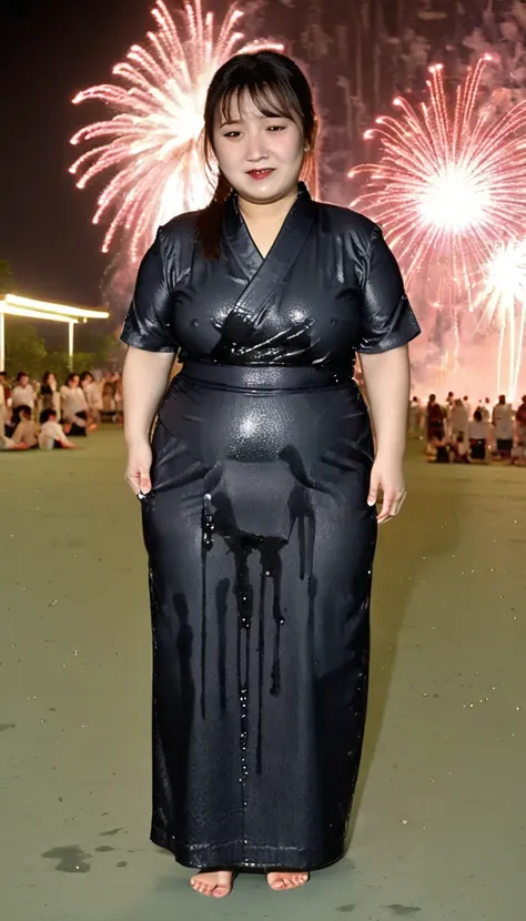 1woman,(masterpiece:1.8),photo-realistic,16k,(beautiful 30s japanese plump lady:1.3),(yukata:1.4),sandals,(whimpering:1.6),(panicking:1.6),(crying:1.7),(handing on wetting crotch with both hands:1.2),(night,park,fireworks:1.4),(crowd kids:1.1),(wetting:1.3...