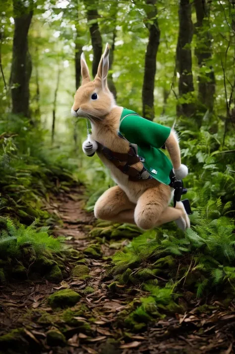 a side shot of an anthropomorphic rabbit dressed as robin hood running along a forest trail at night, masterpiece, best, photo r...