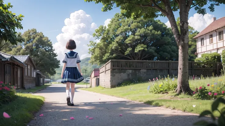 (masterpiece),  town,  blue sky,  One Girl,  smile,  alone,  Sailor suit、Long skirt,  Overgrown,  petal,  plant、Skirt lining、Translucent slip、Nostalgic