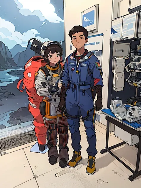 there is a man and a woman standing next to a display of items, with a space suit, in spacesuit, wearing a space suit, wearing a space suit e capacete, Astronauts and space colonies, wearing human air force jumpsuit, Space Pressurized Suit, with people ins...