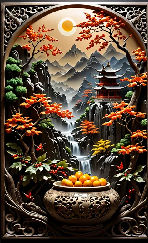 4d top quality, realistic, photorealistic, highly detailed, "mountain trees and fruit+fairies+chinese architecture" pot relief s...