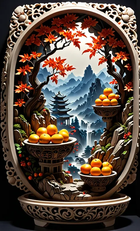 4d top quality, realistic, photorealistic, highly detailed, "mountain trees and fruit+fairies+chinese architecture" pot relief s...