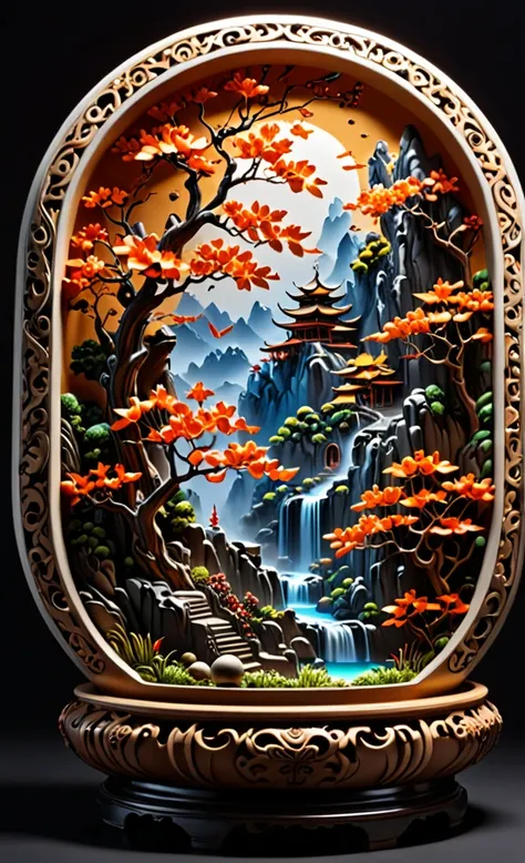 4d top quality, realistic, photorealistic, highly detailed, "mountain trees and fruit+fairies+chinese architecture" pot relief s...