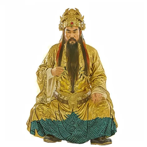 ancient chinese old man with long beard, wearing luxurious gold dragon robe with blue ocean pattern at the bottom, 2 belts with ...