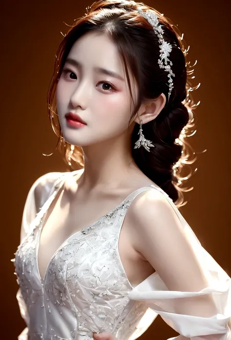 Liu Yifei wearing white dress. (Stunningly beautiful, detailed clothing, highly detailed,:1.2)