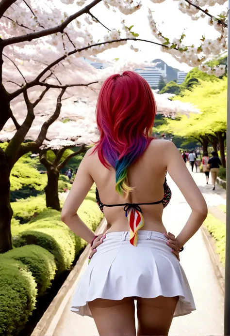 A lovely woman (miniskirt, rainbow hair, tube top) is a tourist in Japan, she is walking through a park while the cherries are in bloom, view from behind
