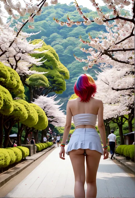 A lovely woman (miniskirt, rainbow hair, tube top) is a tourist in Japan, she is walking through a park while the cherries are in bloom, view from behind
